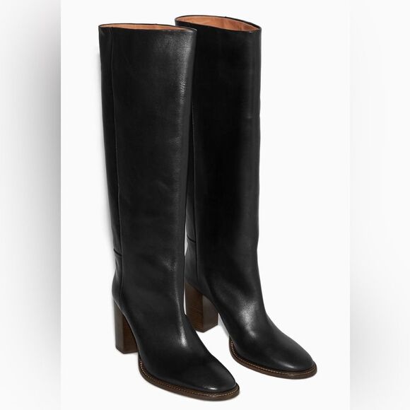 NWOB COS Leather Block Heel Knee-High Pull On Boots in Black SOLD OUT EU38/ US7 - Picture 1 of 16